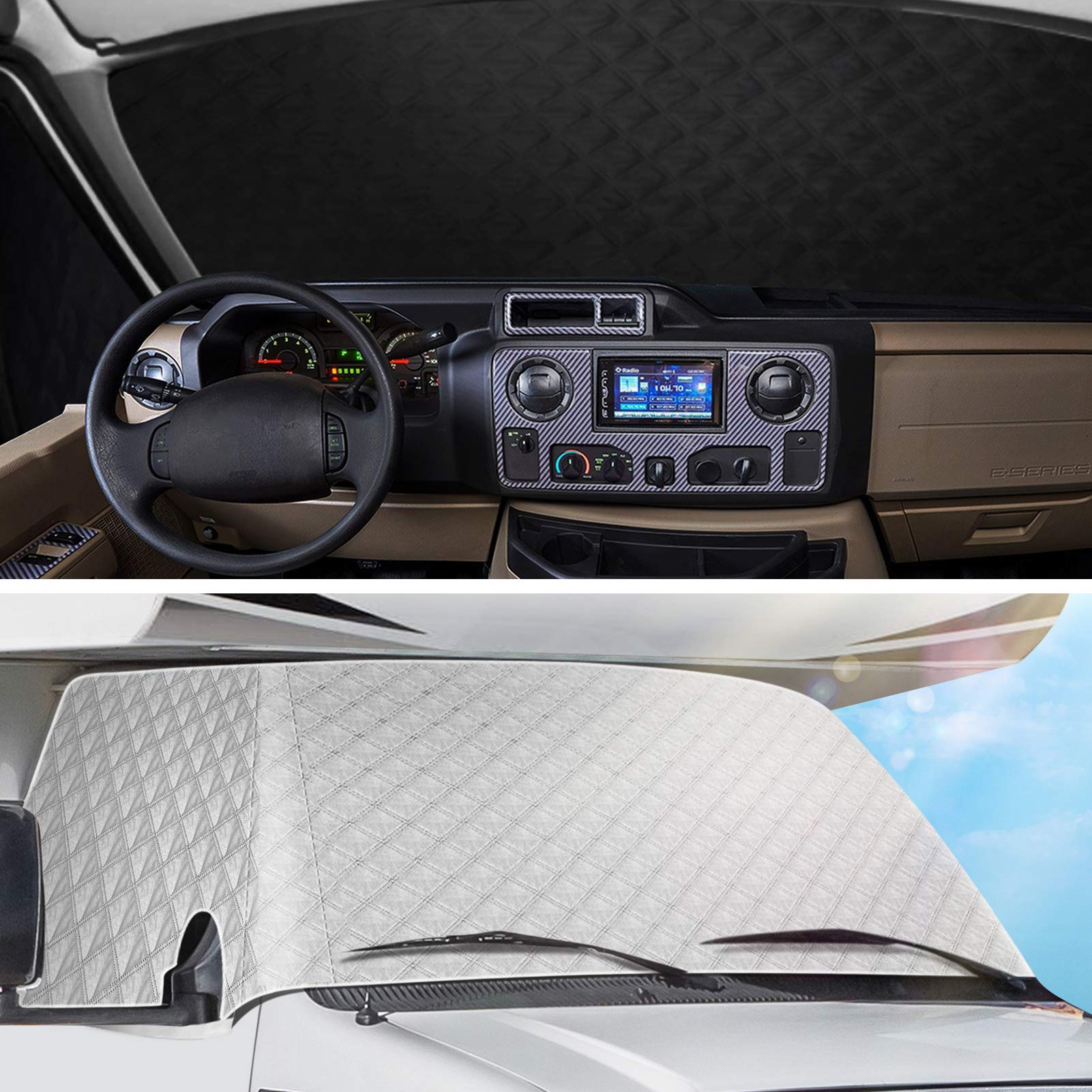 EXCELFU RV windshield cover four-layer material offers heat and UV protection.