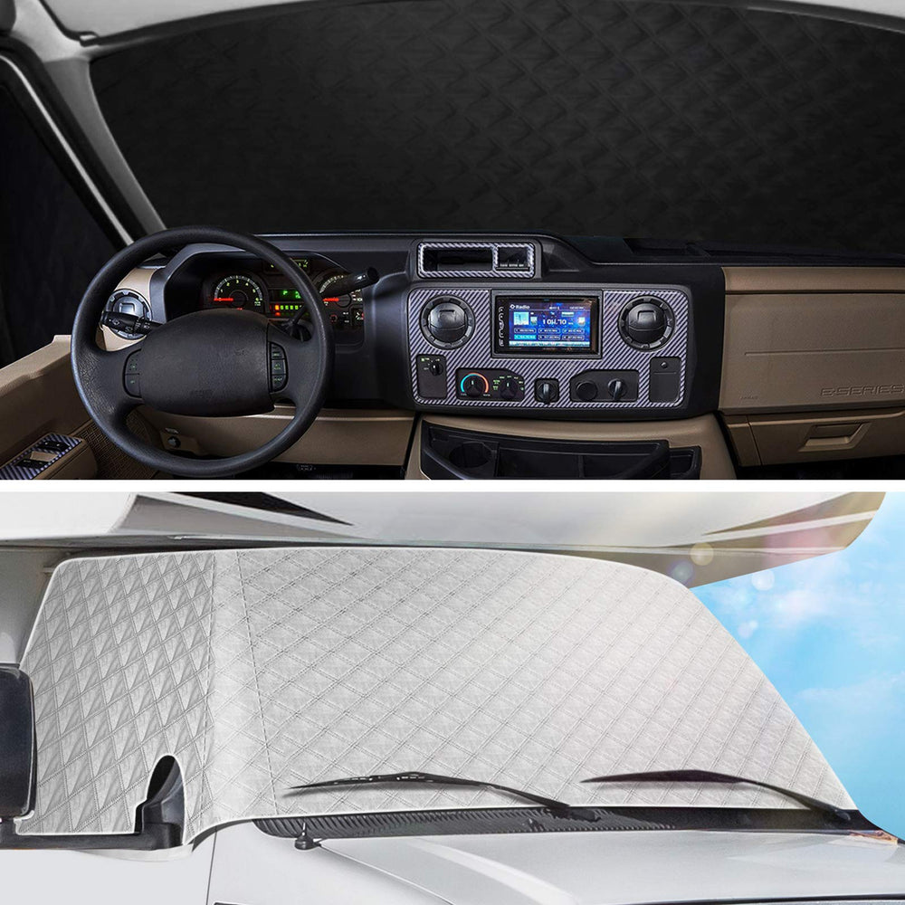 EXCELFU RV windshield cover four-layer material offers heat and UV protection.