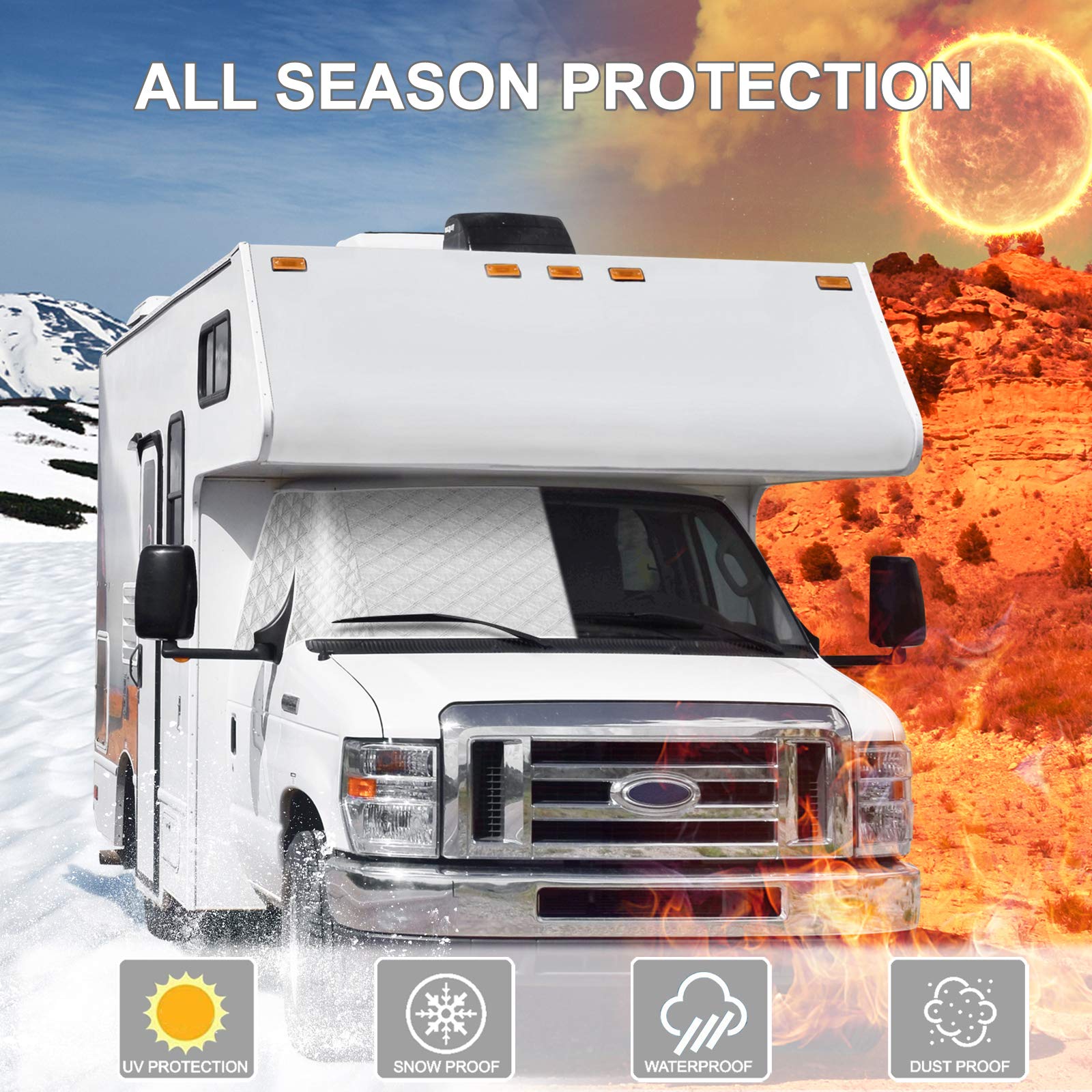 EXCELFU RV windshield cover ice and snow protection keeps windshield clear during winter.