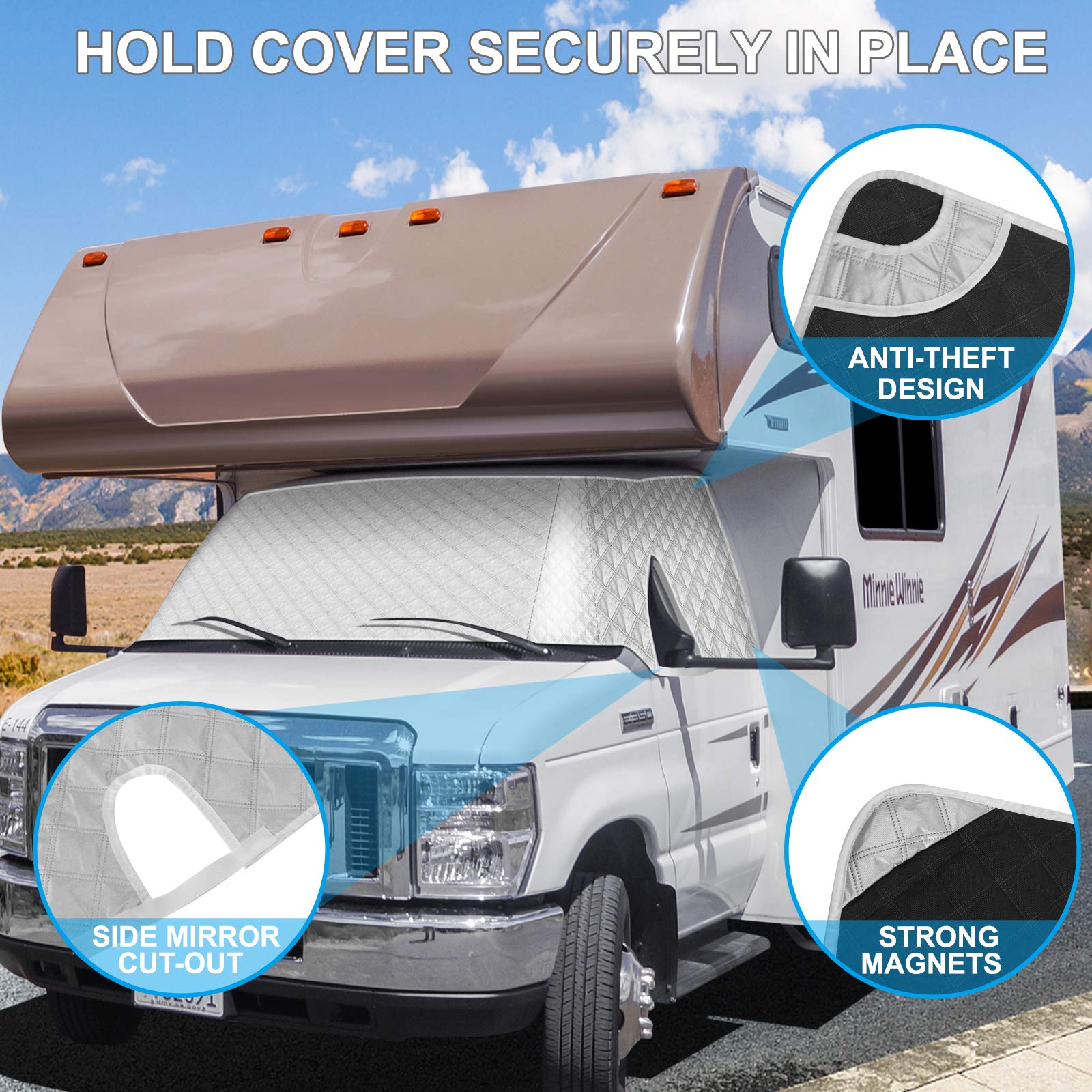 EXCELFU RV windshield cover privacy coverage when parked or resting inside.