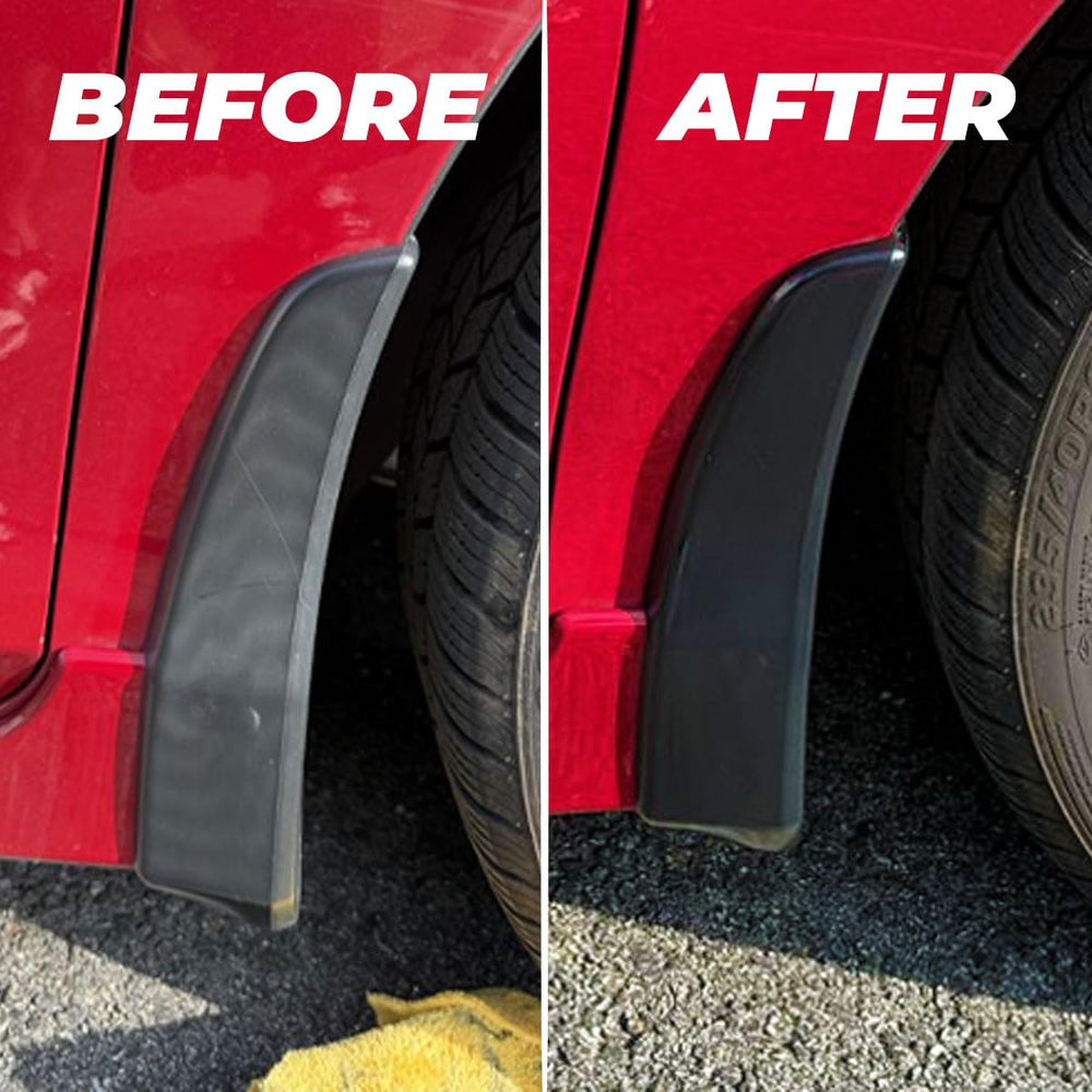 ExoForma Black Trim Restorer before-after-trim-on-car shows dramatic revival of faded trim.