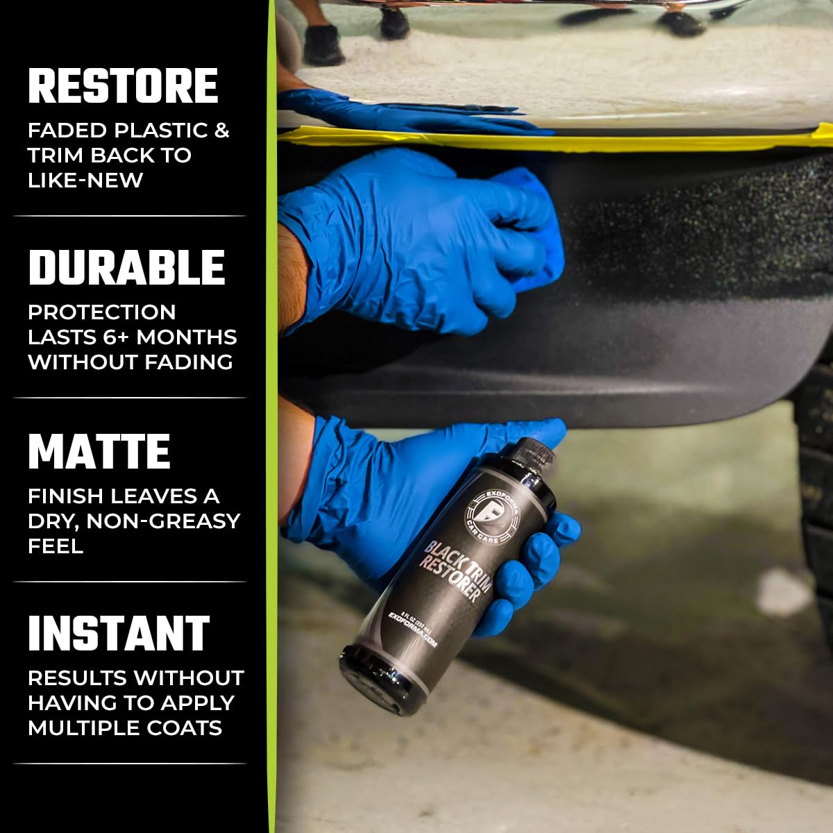 ExoForma Black Trim Restorer before-after shows dramatic color revival on faded bumpers and plastics
