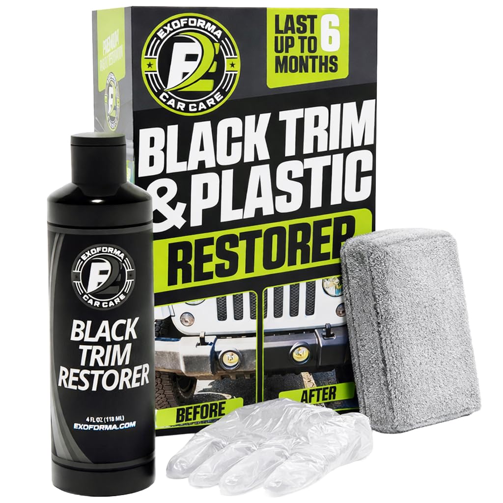 ExoForma Black Trim Restorer bottle pour demonstrates even dye infusion for a lasting finish