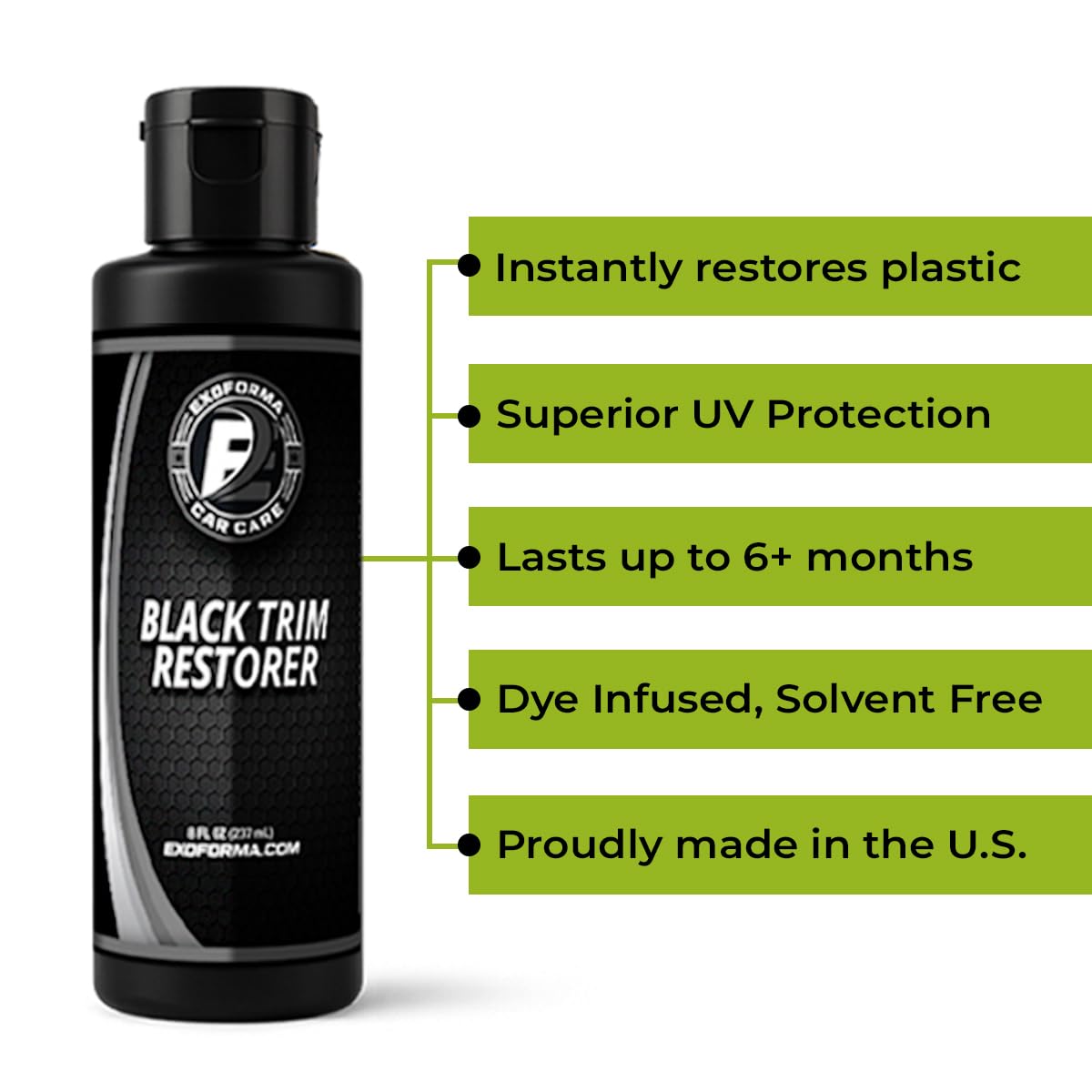 ExoForma Black Trim Restorer durability-barrier offers long-lasting shield for exterior plastics.