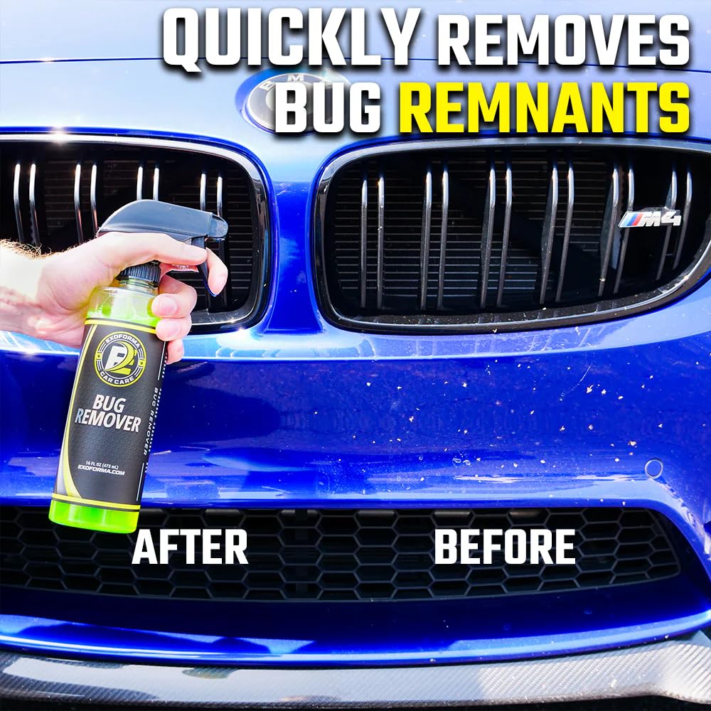 ExoForma Bug Remover spray action on car surface for easy, fast bug removal.
