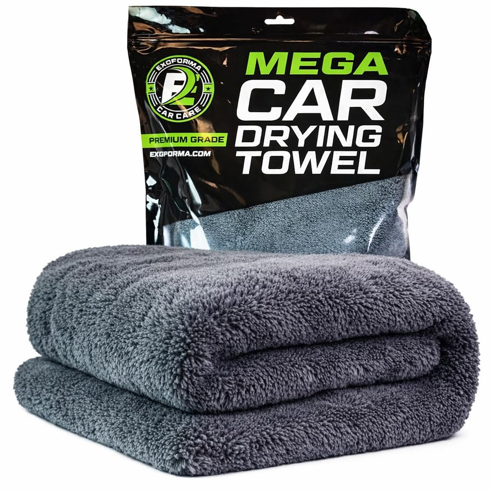 ExoForma Mega car drying towel setup shows oversized absorbency for fast, streak-free drying.