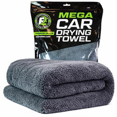 ExoForma Mega car drying towel setup shows oversized absorbency for fast, streak-free drying.