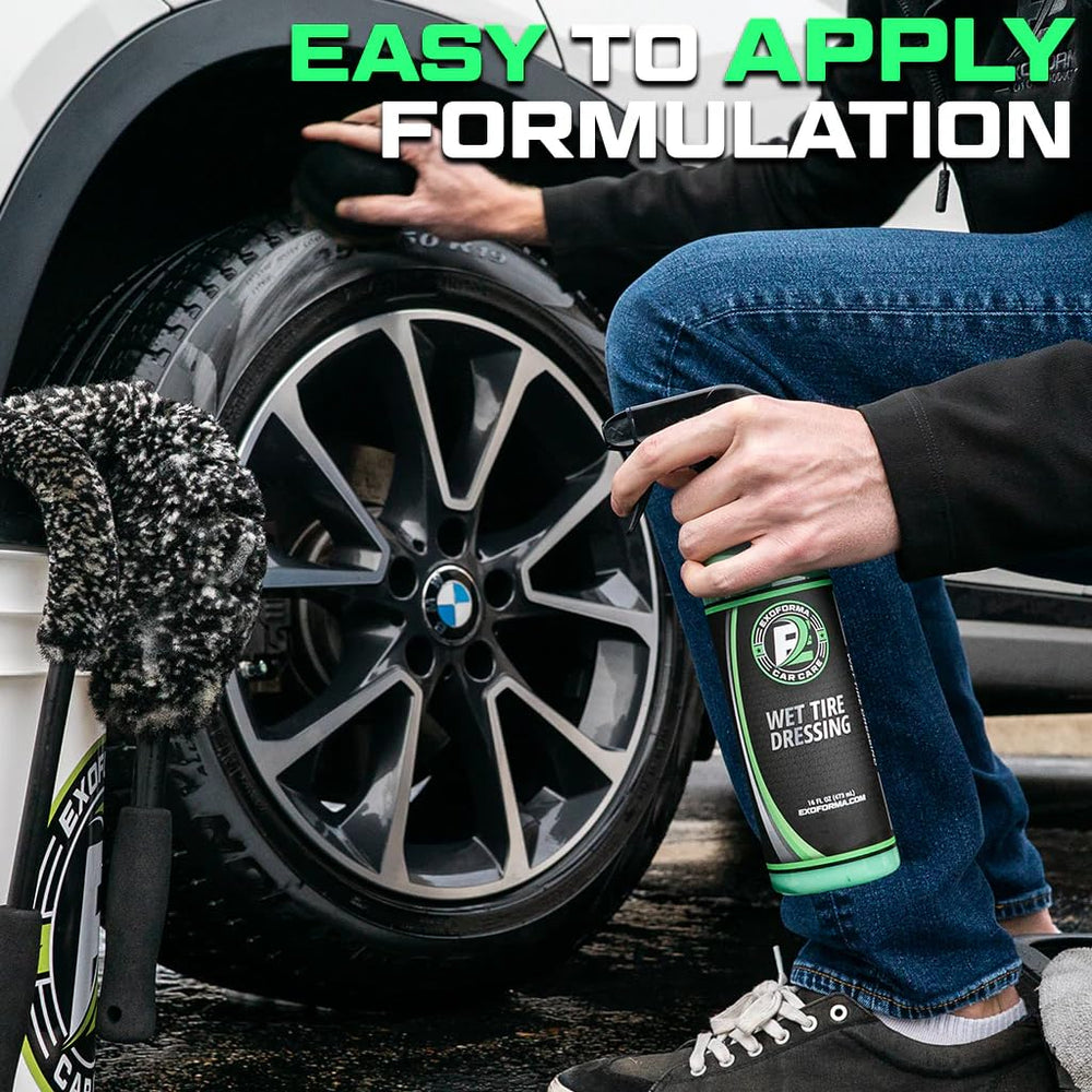 ExoForma Wet Tire Dressing Spray is easy to apply on cars, trucks, ATVs.