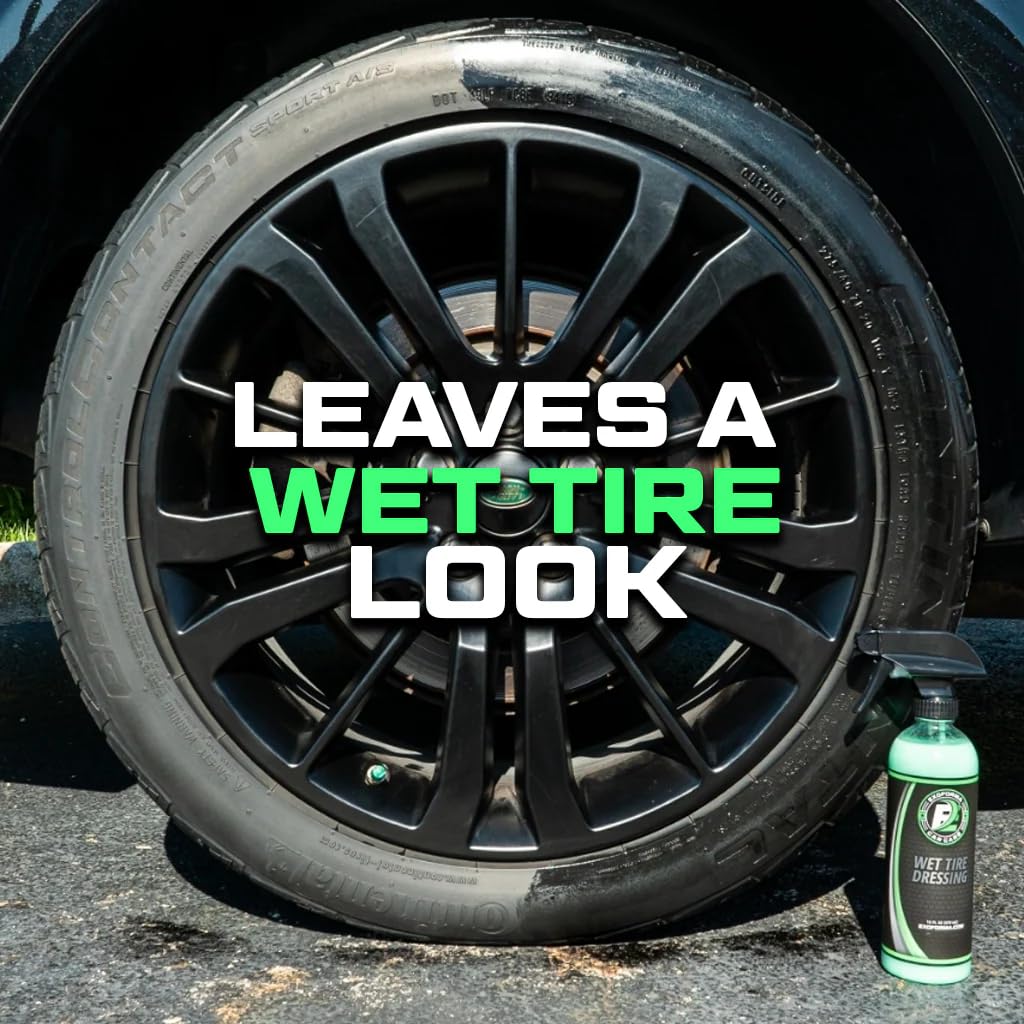ExoForma Wet Tire Dressing Spray dries quickly to prevent sling.