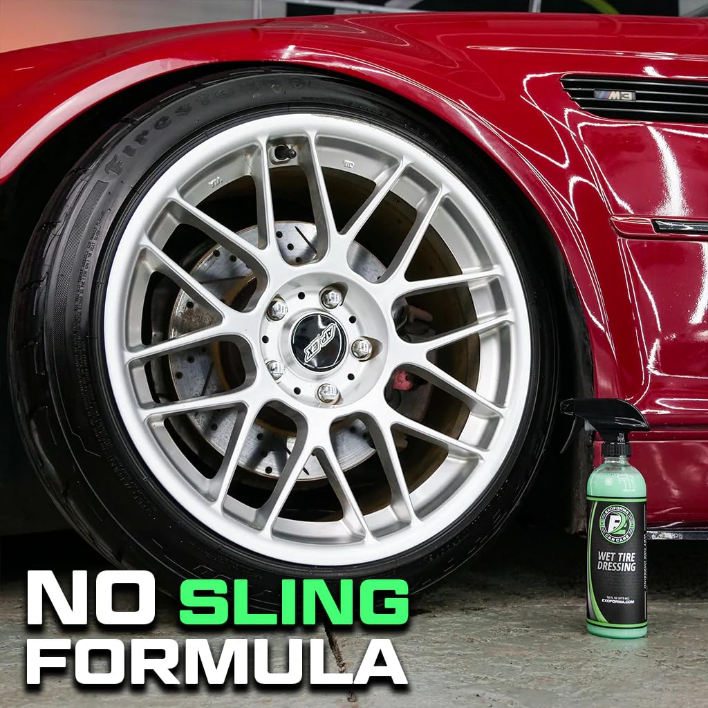 ExoForma Wet Tire Dressing Spray includes UV protection for tire color.