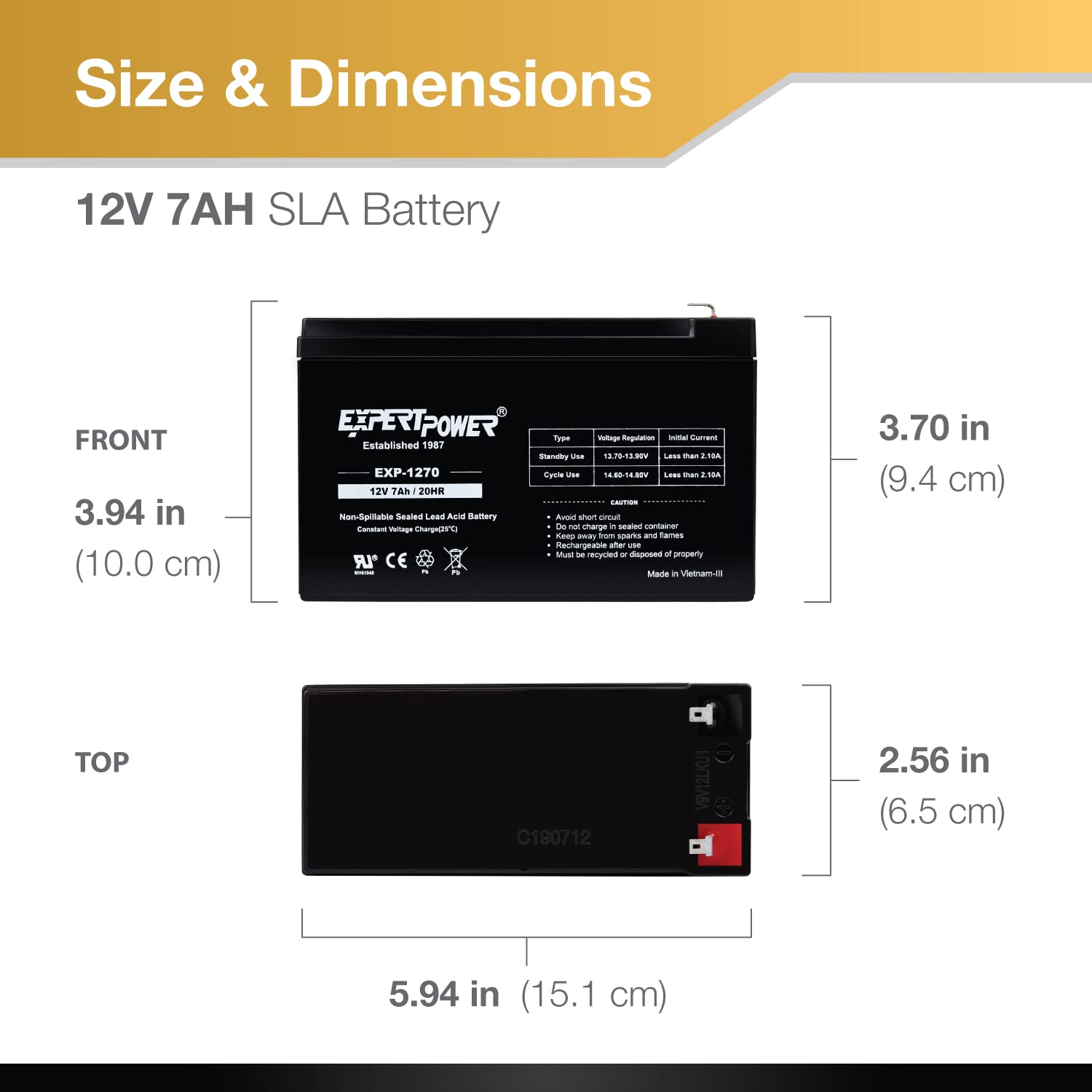 ExpertPower 12V7Ah battery side profile, compact UPS replacement.
