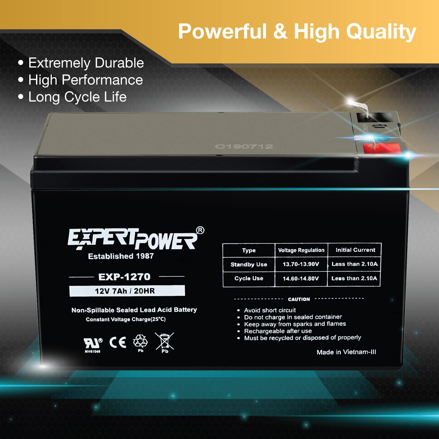 ExpertPower 12V7Ah battery with terminals compatible with standard F1.