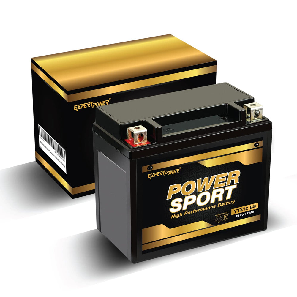ExpertPower YTX12-BS AGM battery with dimensions 5.91 by 3.43 by 5.12 inches.