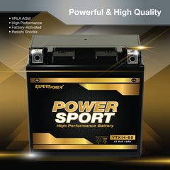 ExpertPower YTX14-BS label showing 220CCA and 14Ah capacity for confident starts.