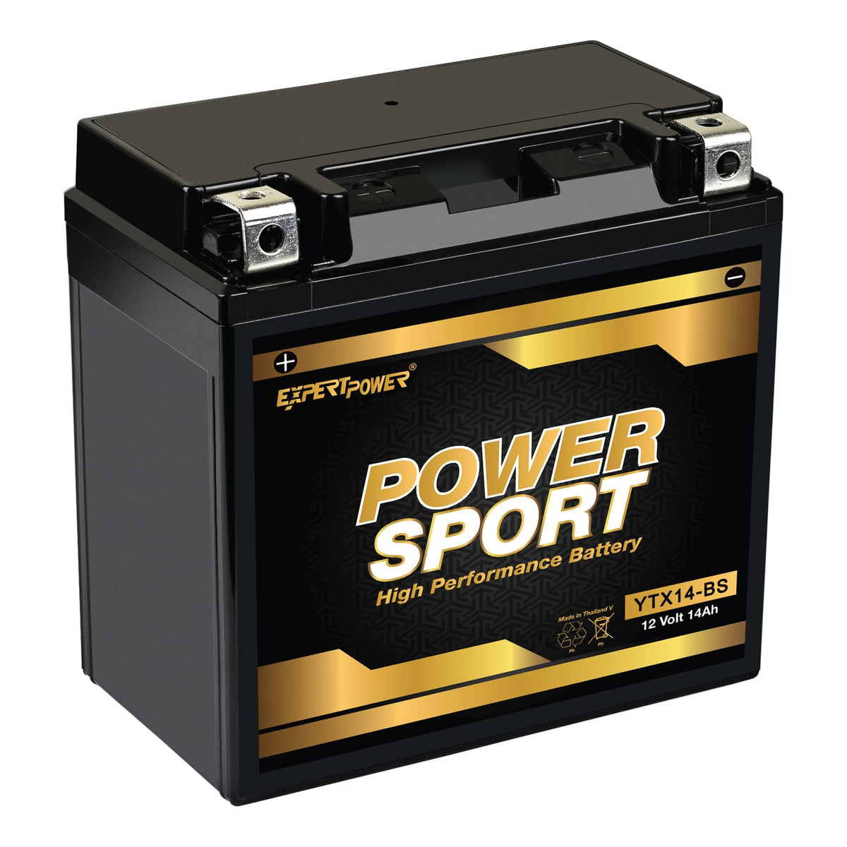 ExpertPower YTX14-BS ATV battery front view, compact and ready for off-road use.