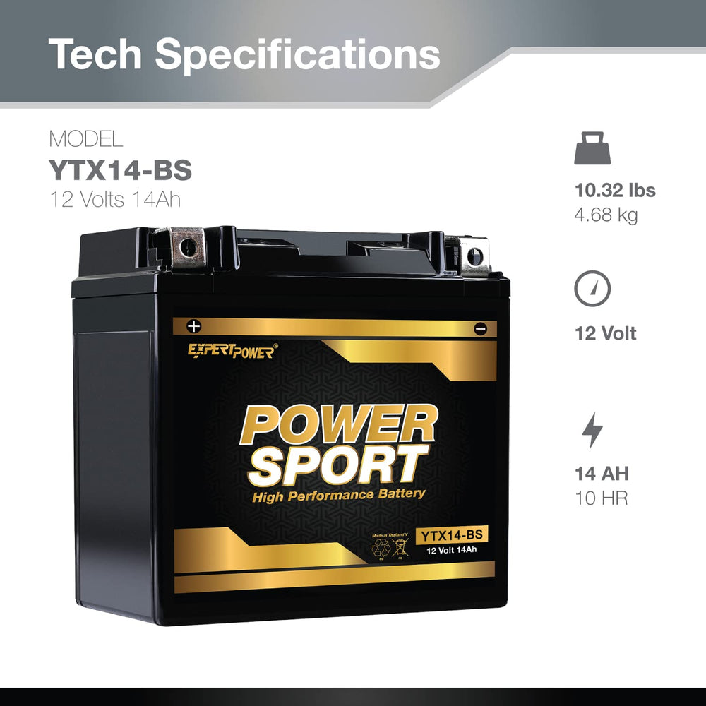 ExpertPower YTX14-BS ATV battery top view, sealed AGM design for spill-proof performance.