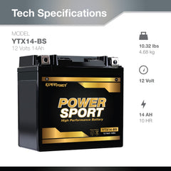 ExpertPower YTX14-BS ATV battery top view, sealed AGM design for spill-proof performance.