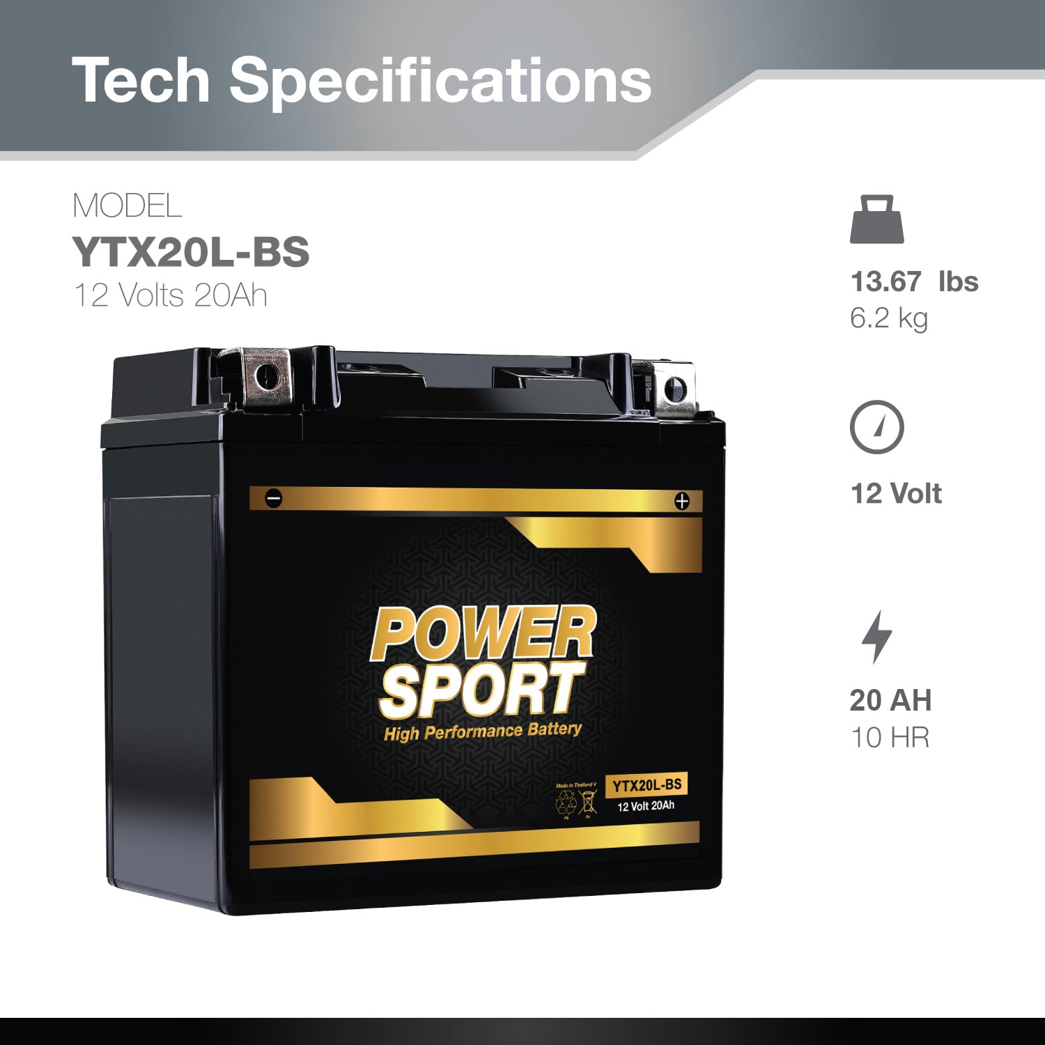 ExpertPower YTX20L-BS side view showing compact motorcycle battery