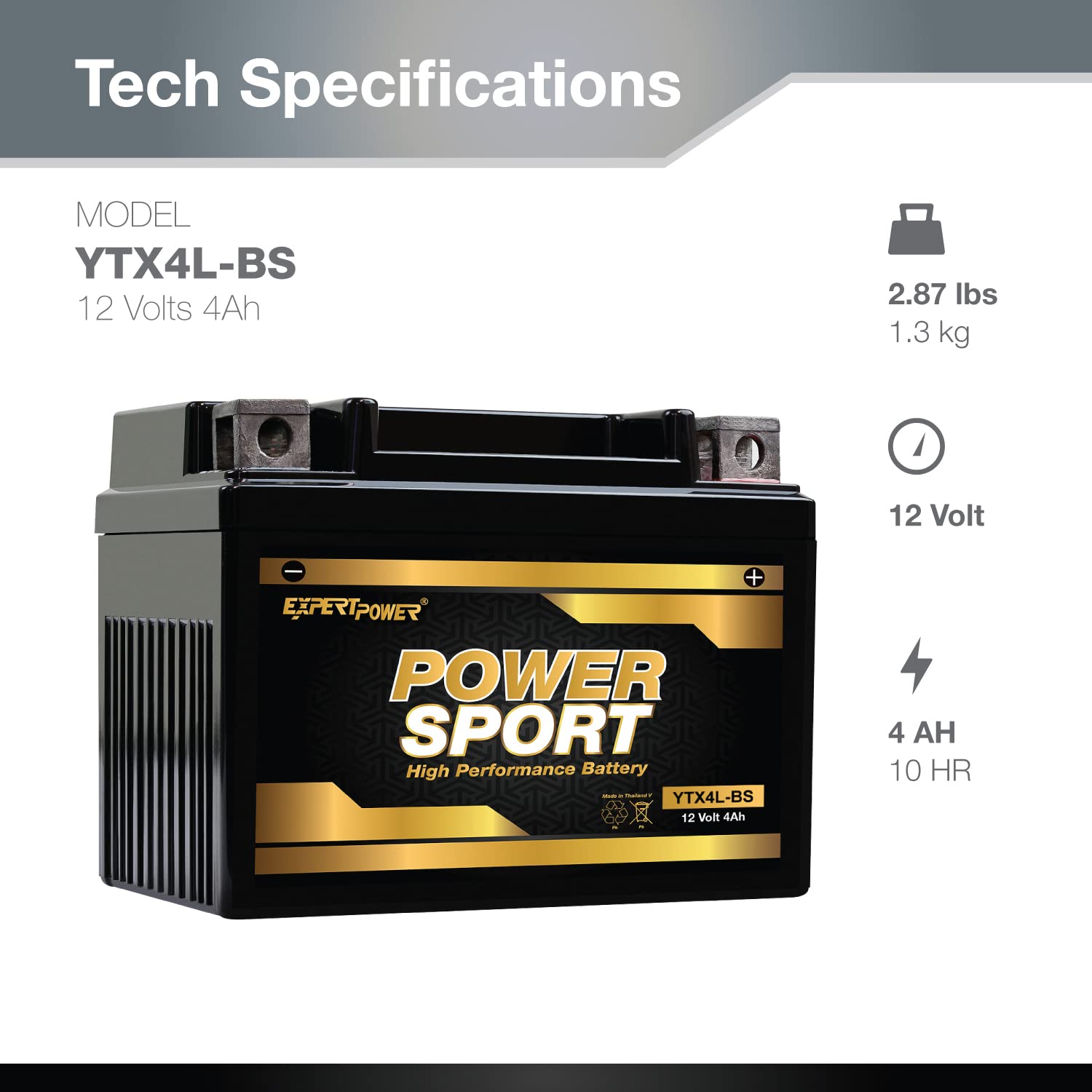 ExpertPower YTX4L-BS battery side terminals for easy installation in motorcycles