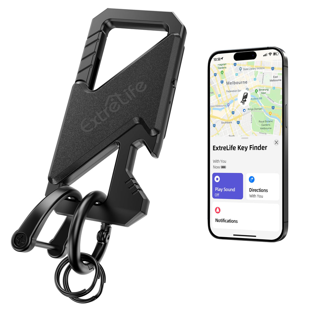 ExtreLife keychain demonstrating Apple Find My setup for real-time location.