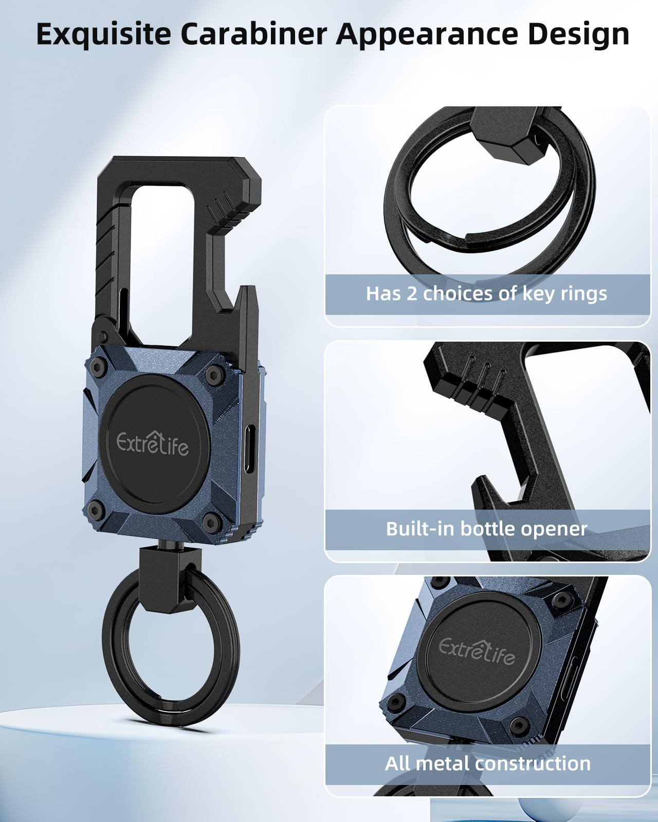 ExtreLife carabiner-attached tracker for pets or gear safety.