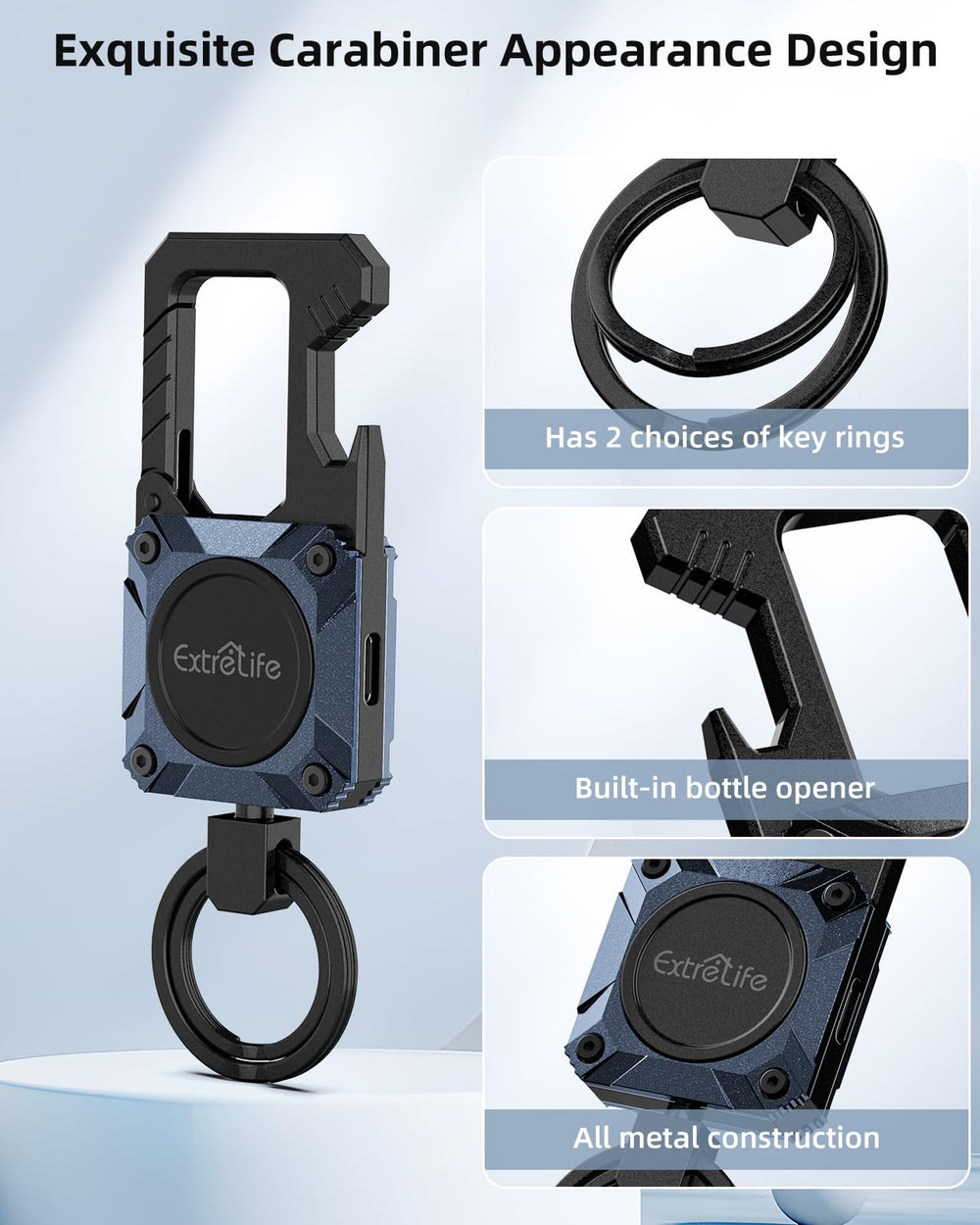 ExtreLife carabiner-attached tracker for pets or gear safety.