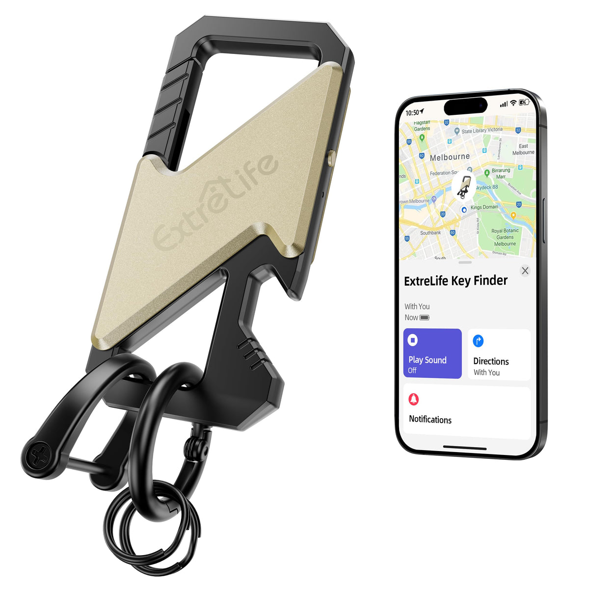 ExtreLife keychain with Find My real-time location tracking for iOS.