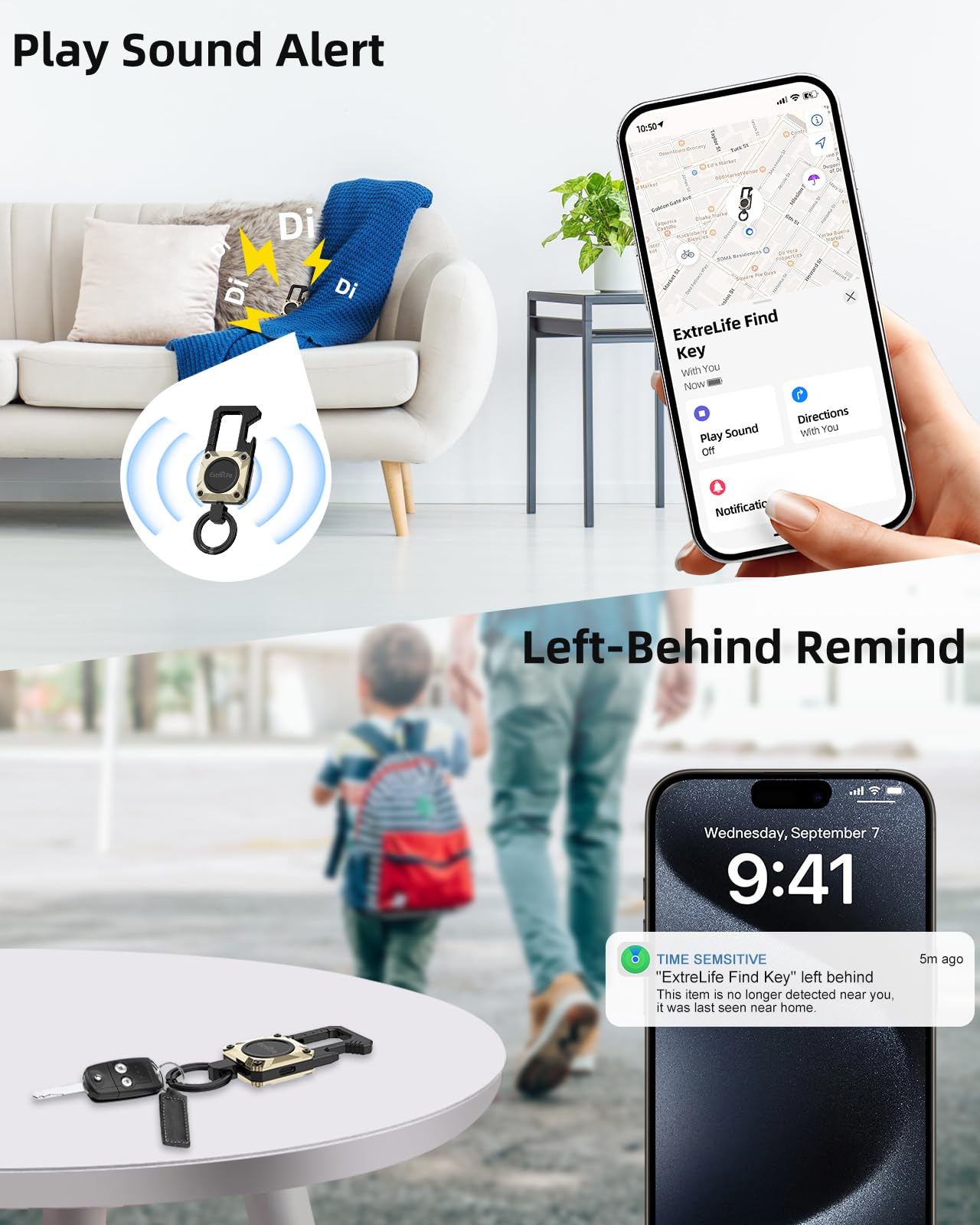 ExtreLife keychain’s loud speaker aids audible alerts for easy item location.
