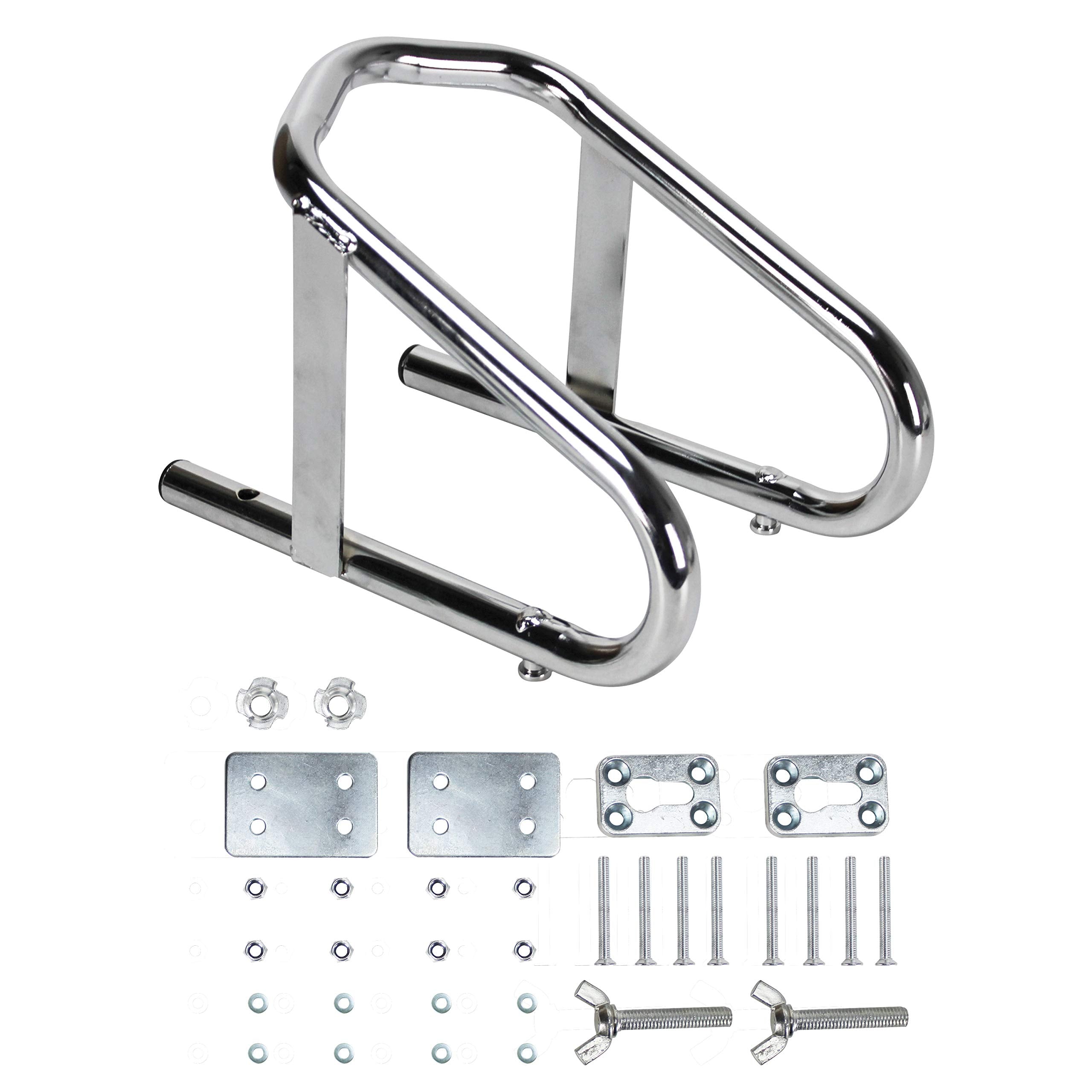 Extreme Max Deluxe chrome wheel chock stabilizes motorcycle tires up to 5.5 inches.