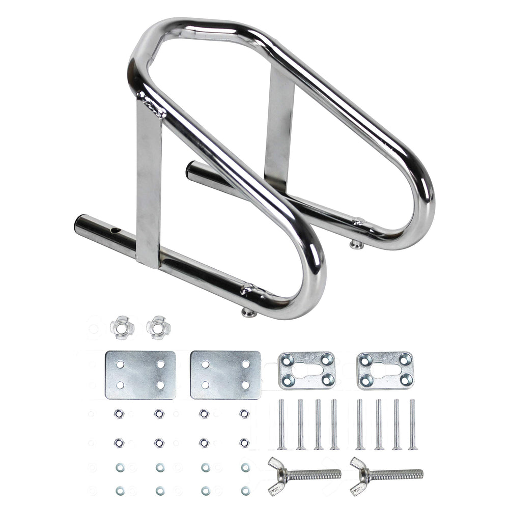 Extreme Max Deluxe chrome wheel chock stabilizes motorcycle tires up to 5.5 inches.