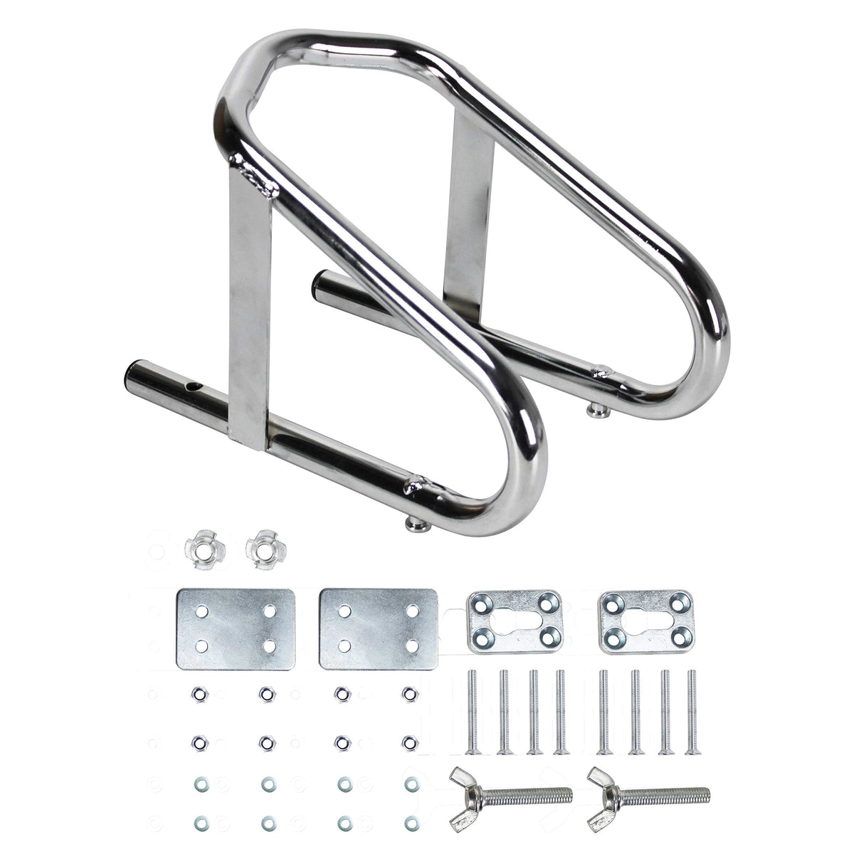 Extreme Max Deluxe chrome wheel chock stabilizes motorcycle tires up to 5.5 inches.