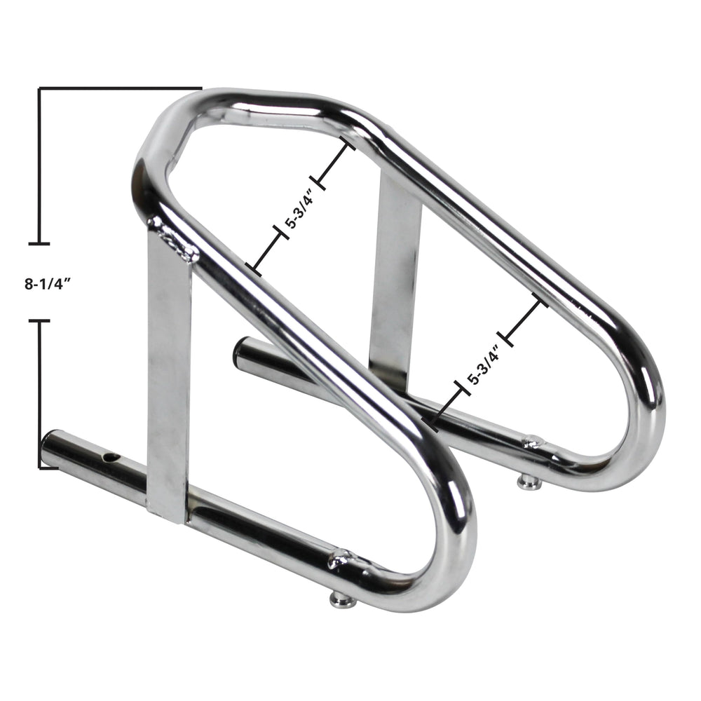 Extreme Max Deluxe chrome wheel chock with mounting brackets enables tool-free removal.