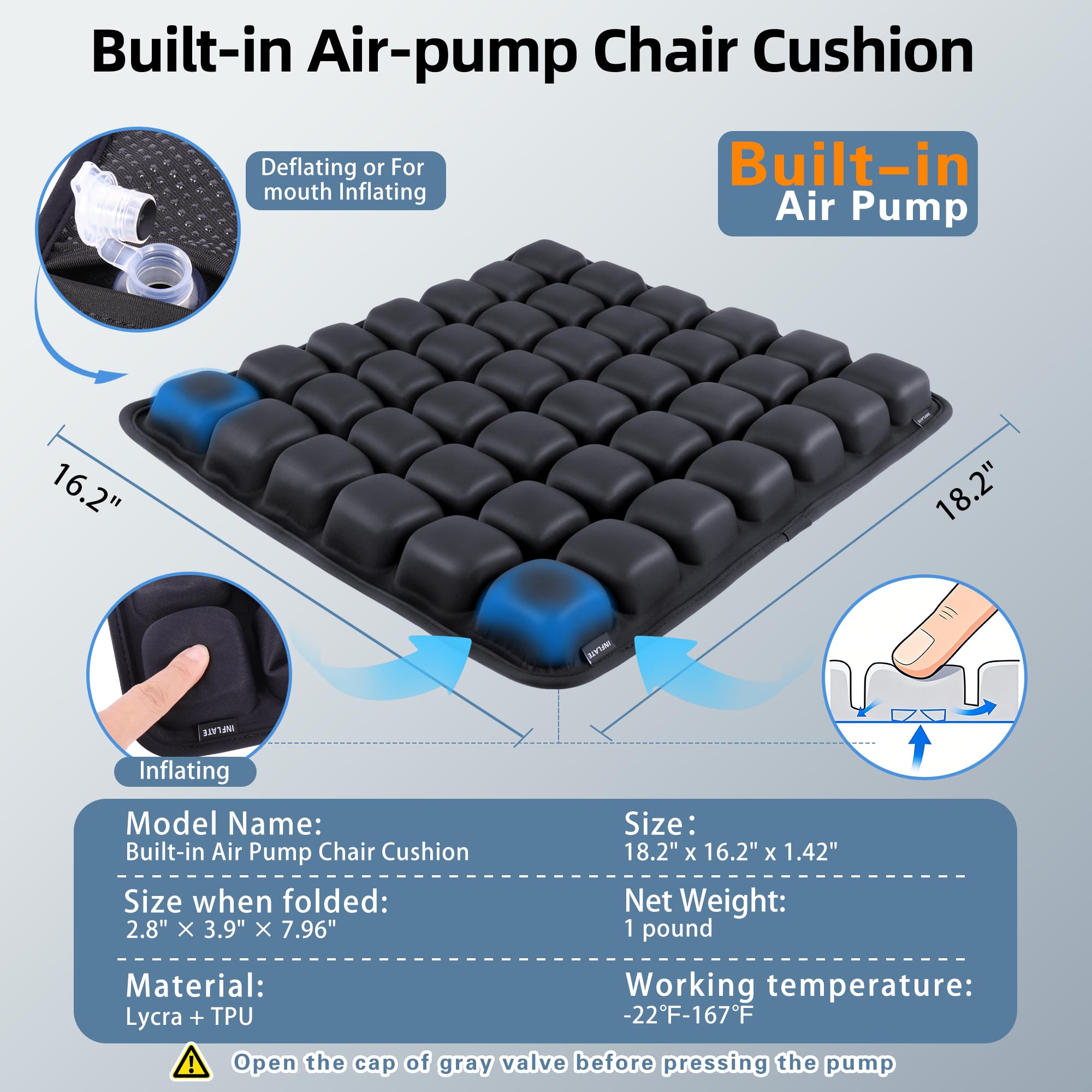 EXUIKO cushion with adjustable softness controlled by air volume for personalized comfort.