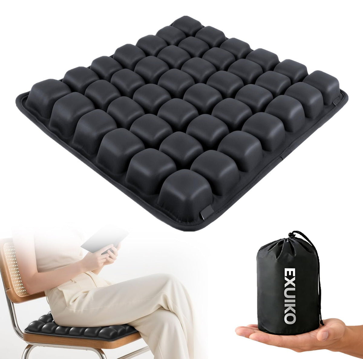 EXUIKO inflatable travel seat cushion with built-in pump enabling quick setup on planes, cars, or offices.
