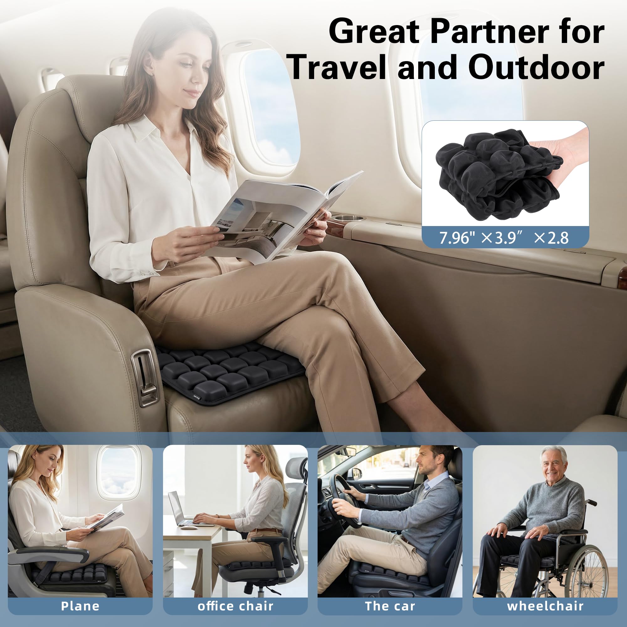 EXUIKO cushion usage scenarios showing versatile sit solutions across settings.