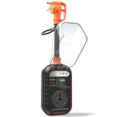 EyGde RV Surge Protector with cover demonstrating 30-amp safety for campgrounds.