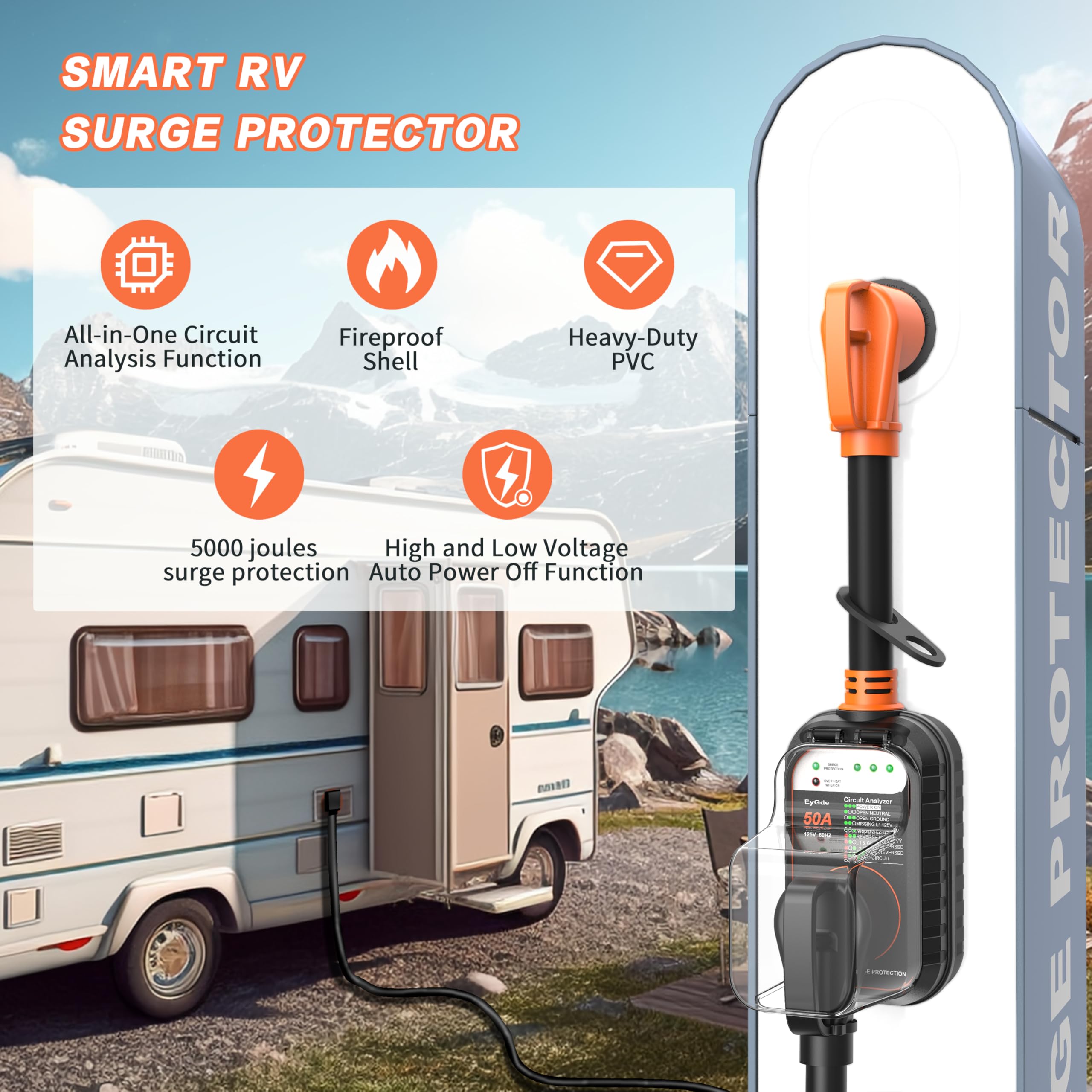 EyGde RV surge protector with IP67 waterproof cover for outdoor camping.
