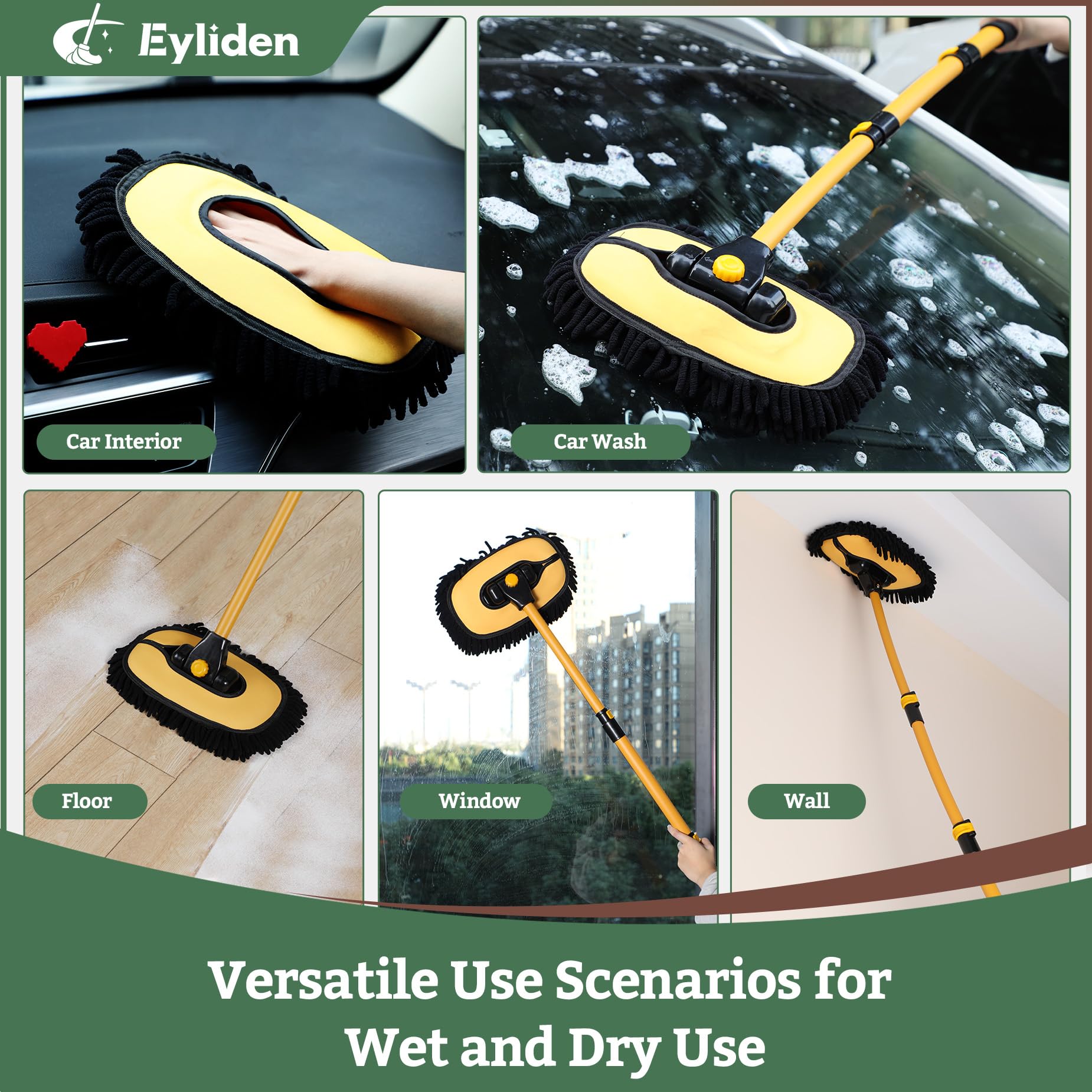 Eyliden scratch-free microfiber heads protect your vehicle finish.