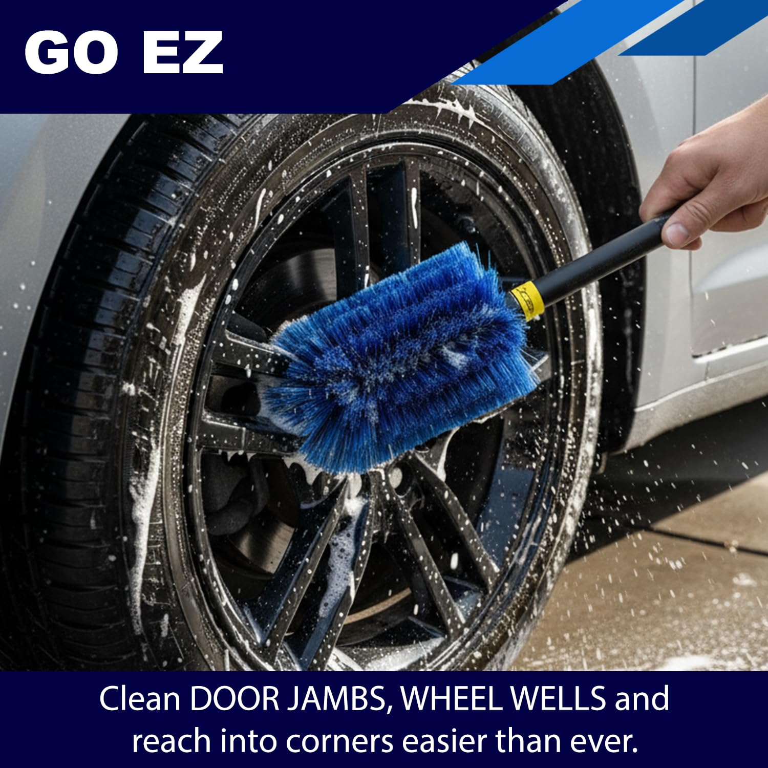 EZ Detail Go Brush cleans tire surfaces with safe agitation.