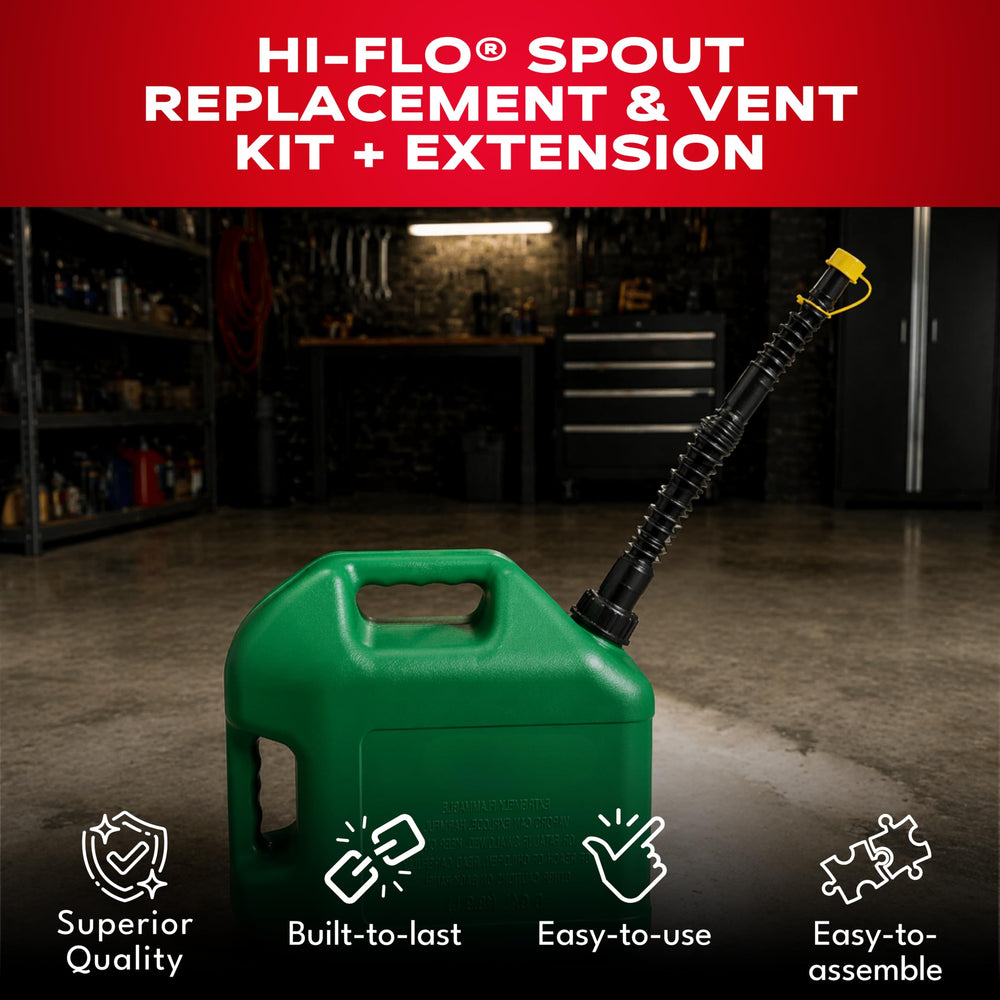 EZ-POUR HI-FLO extension to 16 inches extends reach for tall or wide containers.