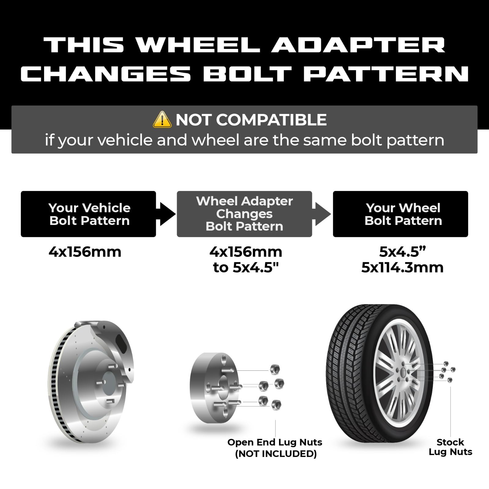 ezaccessory bolt pattern conversion diagram showing 4x156 to 5x4.5 compatibility.