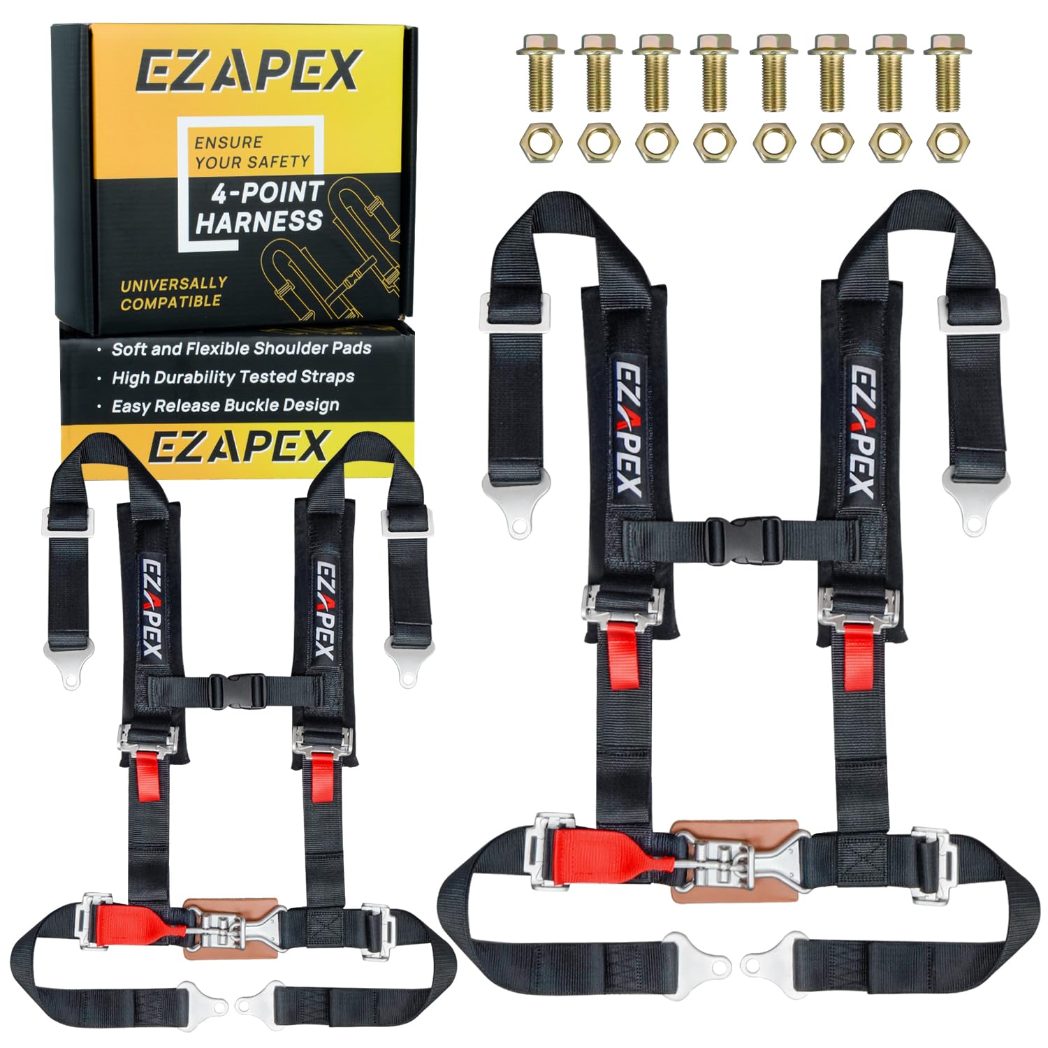EZAPEX 4-point harness with ventilated memory foam padding for comfort on long rides.