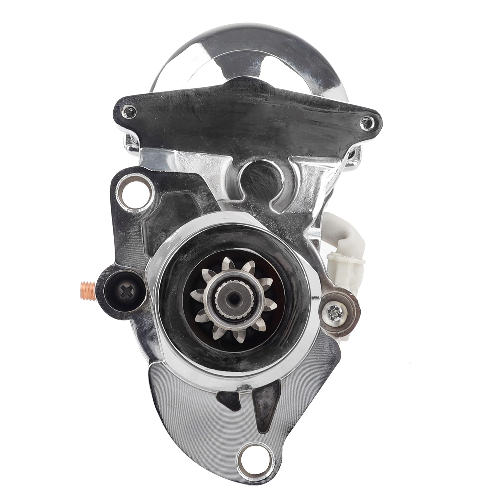 EZEXPREZE chrome starter side view emphasizes compact design for tight engine bays.