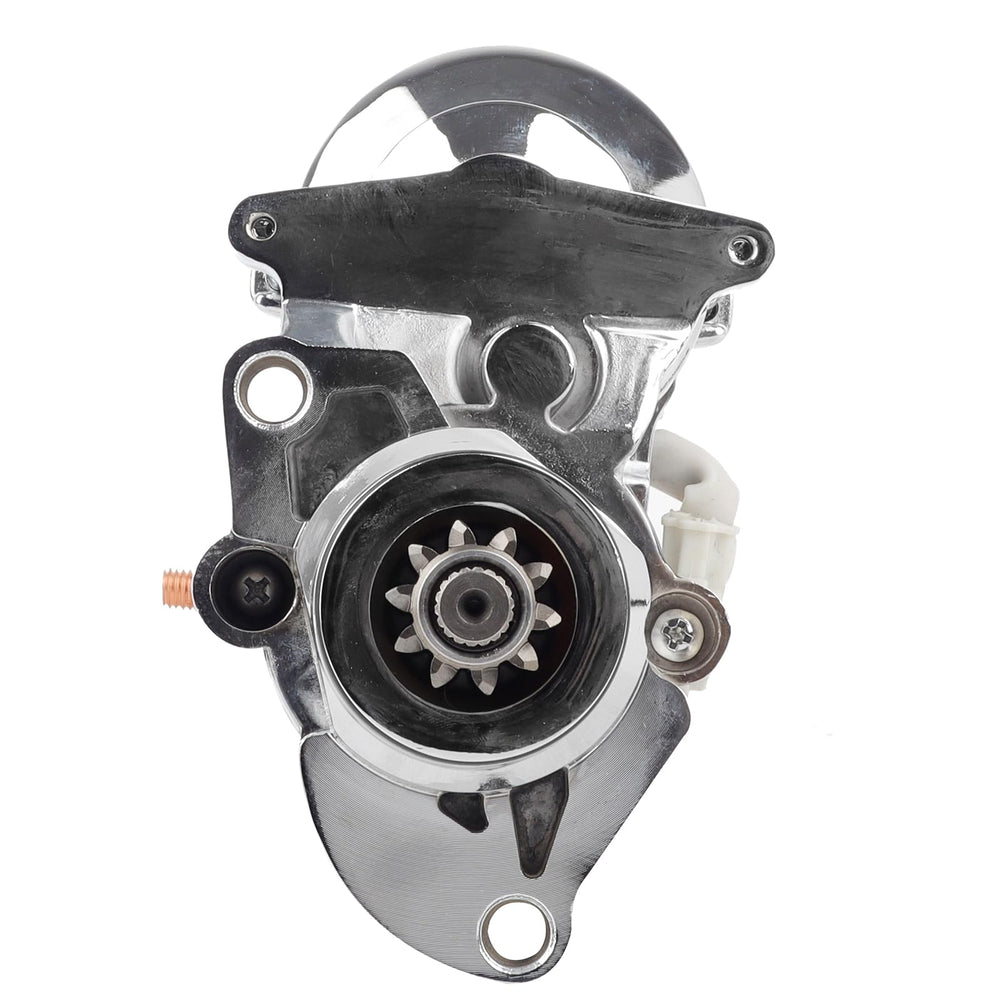 EZEXPREZE chrome starter side view emphasizes compact design for tight engine bays.