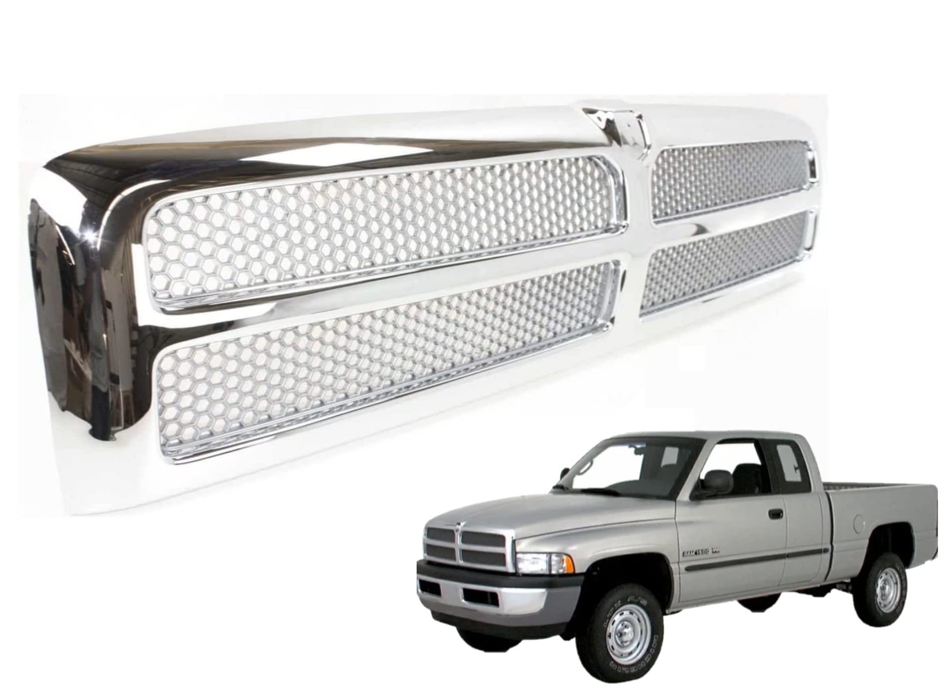 EzMech front grille assembly for Dodge Ram 1500 with chrome frame, rugged styling