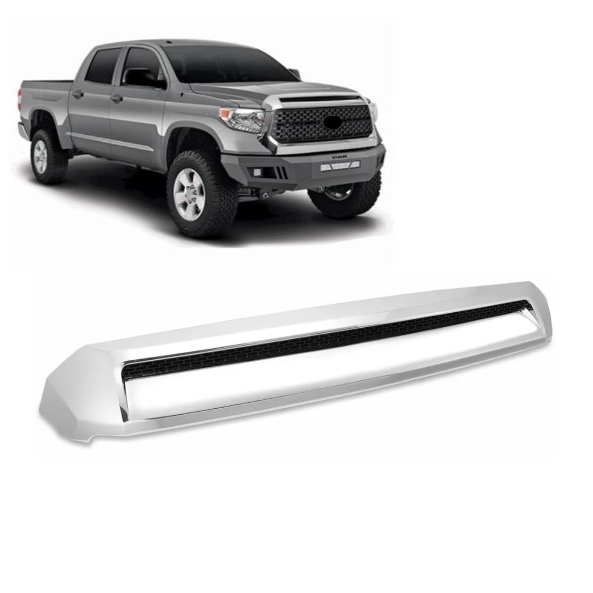 EzMech chrome hood-scoop molding on Toyota Tundra, front view with stylish protection.