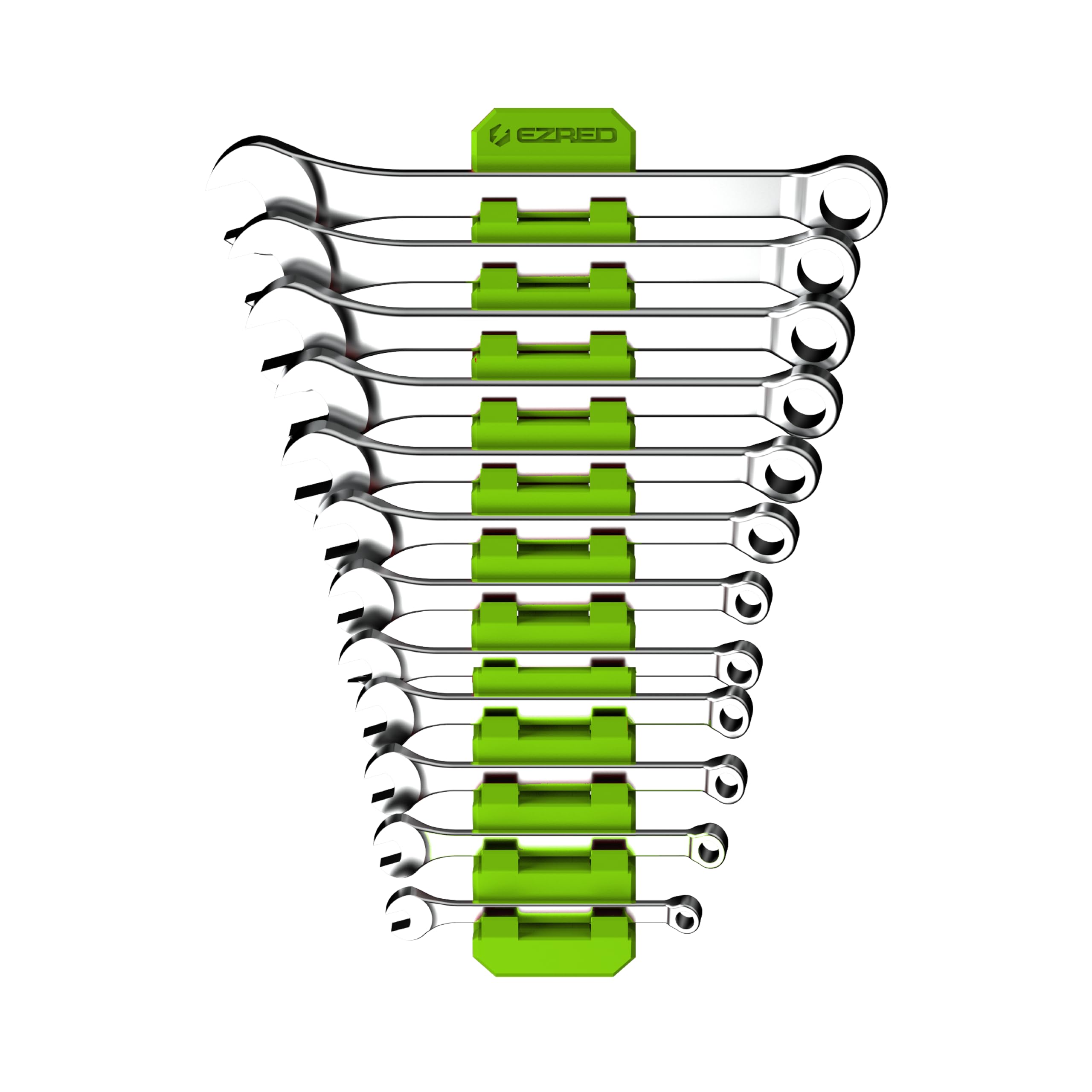 EZRED FWR12-G magnetic 12-slot wrench holder keeps tools organized on a metal surface.