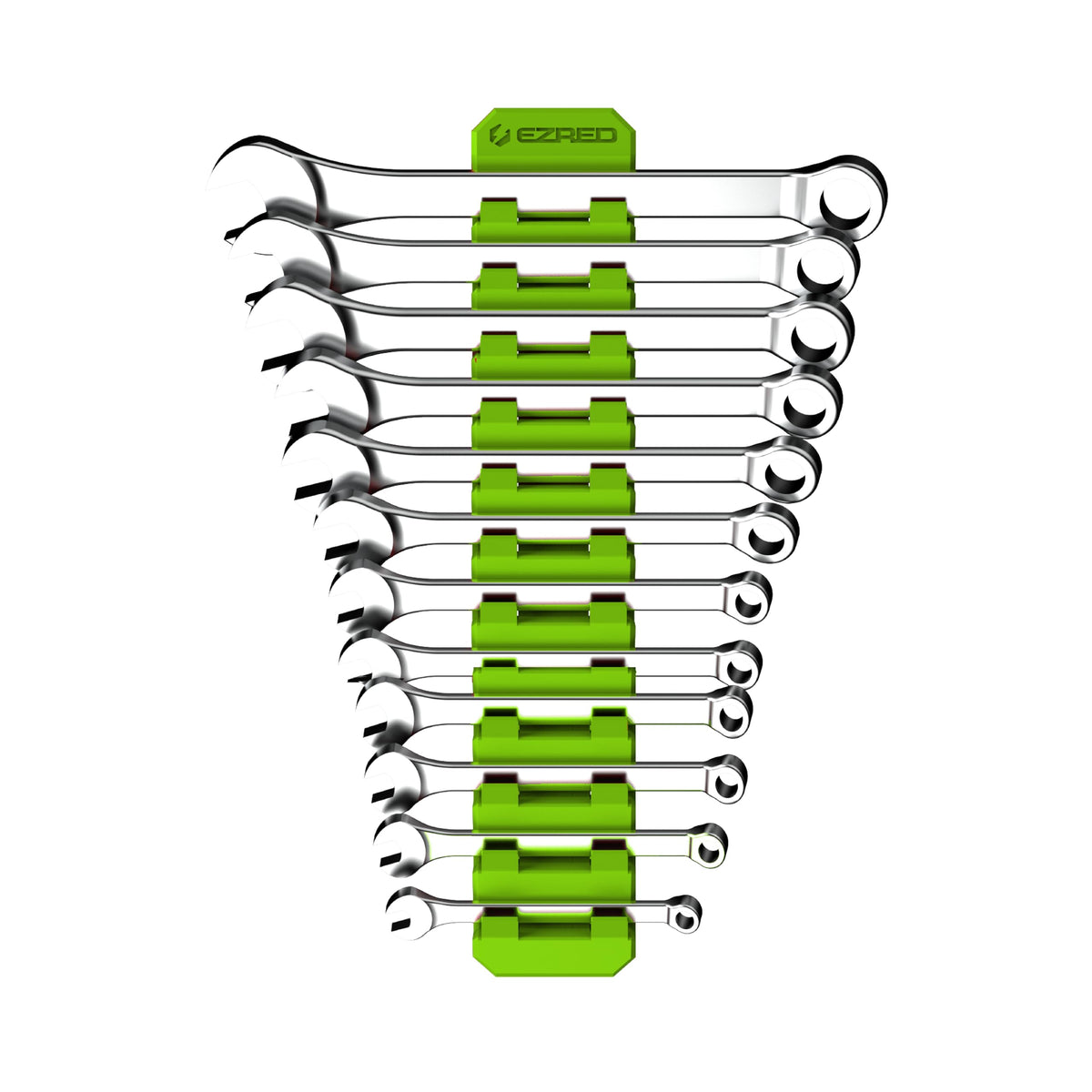 EZRED FWR12-G magnetic 12-slot wrench holder keeps tools organized on a metal surface.