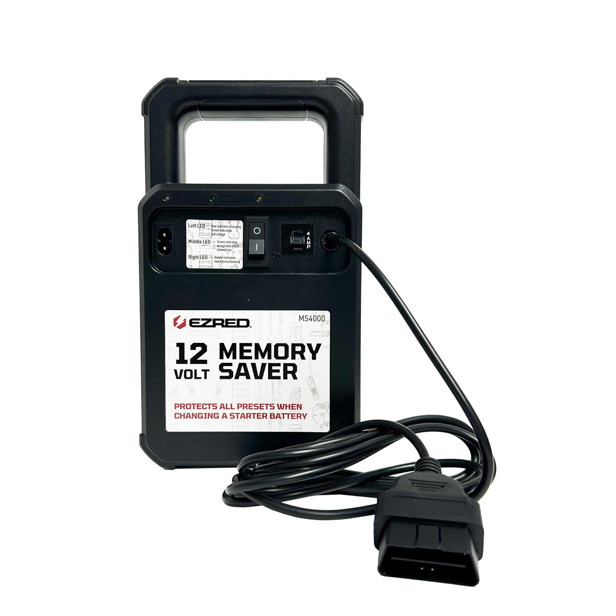 EZRED MS4000 memory saver with built-in charger connected to the OBDII port.