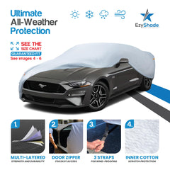 EzyShade 10-layer rear view car cover shields the back of a classic car.